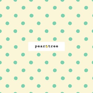 May include: A repeating pattern of light teal polka dots on a cream background. A white rectangle in the center contains the text "pear tree" with a small pear icon.