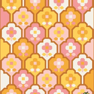May include: A repeating pattern of stylized flowers in shades of pink, yellow, and white, set against a peach background. The flowers have a geometric design with a retro aesthetic, creating a vibrant and eye-catching textile design.