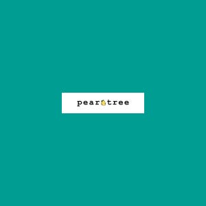 May include: A teal background with a white rectangle in the center. The rectangle contains the text "peartree" in black font with a small yellow pear icon.