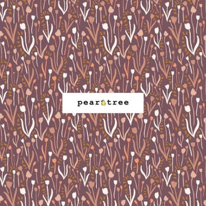 May include: A seamless pattern featuring a repeating design of stylized flowers in shades of pink, white, and brown on a dark purple background. The pattern is titled "peartree".