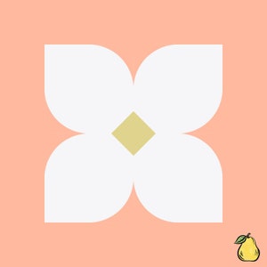 May include: A white flower with four petals and a yellow center on a peach background. A yellow pear with a green leaf is in the lower right corner.