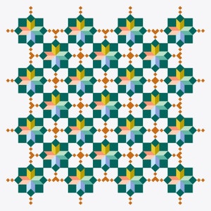May include: Geometric pattern featuring repeating star-like shapes in teal, yellow, pink, and blue, set against a white background. The design includes small, brown diamond shapes connecting the larger elements, creating a visually complex and symmetrical pattern.