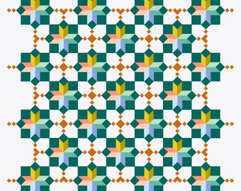 May include: Geometric pattern featuring repeating star-like shapes in teal, yellow, pink, and blue, set against a white background. The design includes small, brown diamond shapes connecting the larger elements, creating a visually complex and symmetrical pattern.