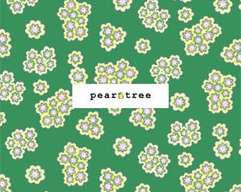 May include: Green fabric with a white and yellow floral pattern. The fabric has a pear tree logo in the center.
