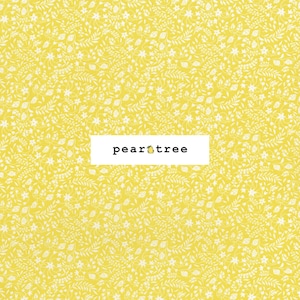 May include: A yellow fabric with a white floral pattern. The fabric has a small pear tree logo in the center.