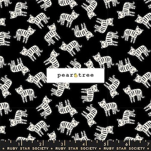May include: A black fabric featuring a repeating pattern of white tigers with black stripes. A white rectangular label in the center displays the text pear tree with a small pear icon. The bottom edge shows a ruler with the text RUBY STAR SOCIETY.