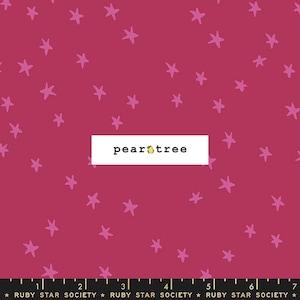 May include: A pink and red fabric with a repeating pattern of pink stars. The fabric has the text "pear tree" printed on it.