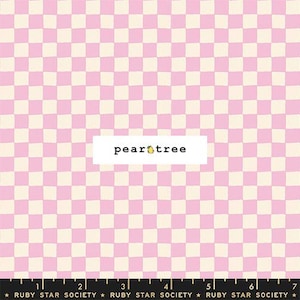 May include: A fabric swatch featuring a repeating light pink and cream checkered pattern. A white rectangular label in the center displays the text pear tree with a small pear icon. A black ruler at the bottom shows 7 inches.