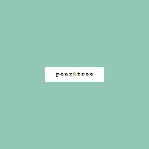 May include: A white rectangle with the text "peartree" in black font and a small yellow pear with a green leaf in the middle of the text.