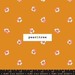 May include: A mustard yellow fabric with a repeating pattern of pink and white flowers. The fabric has the text "pear tree" printed on it.