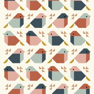 May include: A repeating pattern of stylized birds in shades of pink, blue, and brown. The birds are arranged in a grid pattern with a white background.