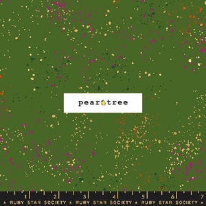 May include: Green fabric with a speckled pattern of gold, orange, and pink dots. The fabric is labeled "pear tree" in black text.