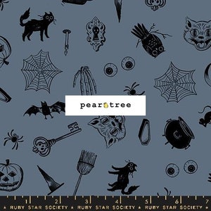 May include: A blue fabric with a black and white repeating pattern of Halloween themed illustrations. The pattern includes cats, bats, spiders, keys, pumpkins, eyes, cauldrons, and more.