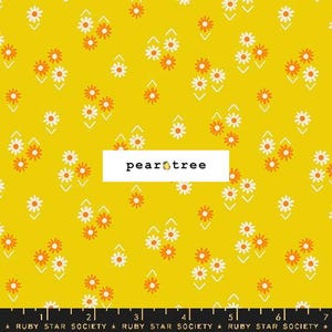 May include: Yellow fabric with a white and orange floral pattern. The fabric has a repeating pattern of small white flowers with orange centers and a white triangle shape. The text "pear tree" is printed in black on a white rectangle.