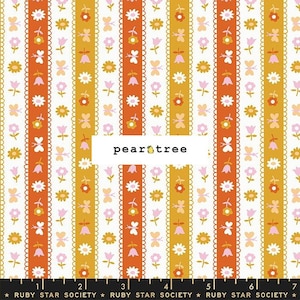 May include: A white fabric with a repeating pattern of orange, yellow, and pink flowers, butterflies, and tulips. The pattern is arranged in vertical stripes.