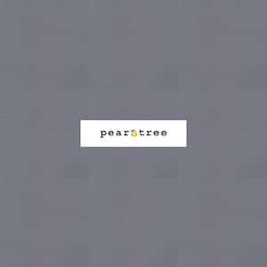 May include: A solid gray background with a white rectangle containing the words "pear tree" in black text. A yellow pear icon is between the words "pear" and "tree".