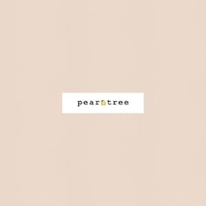 May include: A white rectangle with the text "peartree" in black font. A small yellow pear with a green leaf is centered in the text.