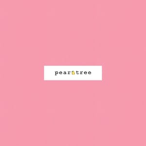 May include: A pink background with a white rectangle containing the words "pear tree" in a black font. A yellow pear icon is between the words "pear" and "tree".