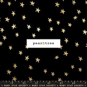 May include: Black fabric with a gold star pattern. The fabric has the text "pear tree" printed on it.