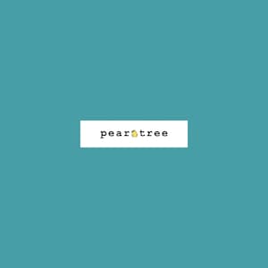 May include: The Pear Tree logo on a white rectangle against a teal background. The logo features the words "pear tree" in a black, sans-serif font, with a yellow pear icon replacing the space between the words.
