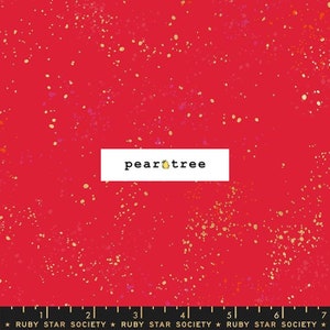 May include: Red fabric with a scattered gold glitter pattern. The fabric has the text "pear tree" printed on it.