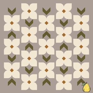 May include: A repeating pattern of stylized white flowers with brown centers and olive green accents on a gray background. The design includes chevron shapes and a pear illustration in the bottom right corner.