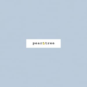 May include: A light blue background with the text "peartree" in black font.