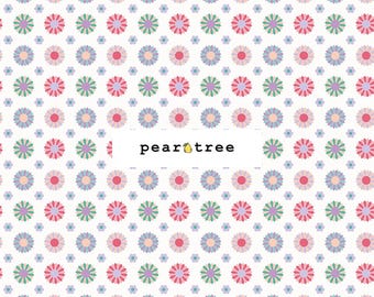 May include: White fabric with a repeating pattern of colorful flowers in pink, blue, and green. The fabric has a grid-like arrangement of the floral design. The text "pear tree" is displayed in a white rectangle.
