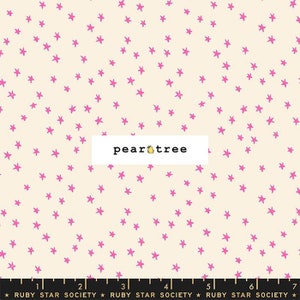 May include: A white fabric with a pink star pattern. The fabric is labeled "pear tree" and "RUBY STAR SOCIETY".