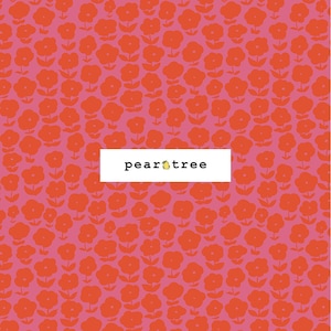 May include: A pink background with a repeating pattern of red flowers. The text "peartree" is in the center of the image.