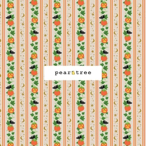 May include: A repeating pattern of vertical stripes featuring orange jack-o'-lanterns, green vines, and black crows alternating with gold stars and crescent moons on a light background. The text "peartree" is centered in a white rectangle.