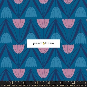 May include: A teal blue fabric with a repeating pattern of pink and blue stylized flowers. The fabric has a white label with the text "pear tree" on it.