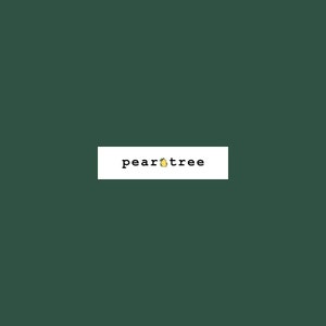 May include: A green background with a white rectangle in the center. The rectangle contains the text "peartree" in black font with a small yellow pear icon next to the word "pear".