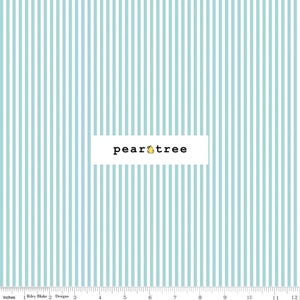 May include: Fabric with a vertical stripe pattern in light blue and white. The text "pear tree" is displayed in a white rectangle. The image includes an inch ruler along the bottom edge.