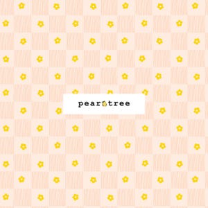 May include: A seamless pattern featuring a light pink background with a checkered pattern of yellow flowers. The text "peartree" is centered in the image.