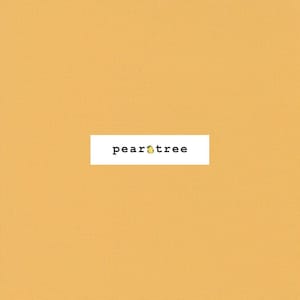 May include: A solid yellow-orange background with a white rectangle in the center. The rectangle contains the words "pear tree" in a black, sans-serif font, with a small pear icon replacing the "a" in "pear".