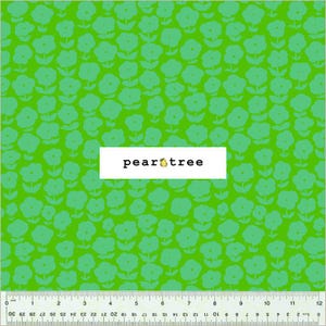 May include: A vibrant lime green fabric featuring a repeating pattern of light green flowers with stems and leaves. A white rectangular label in the center displays the black text "pear tree" with a small pear icon. A 12-inch ruler is visible.