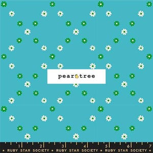 May include: A turquoise fabric with a repeating pattern of white and green daisies. The fabric has a white rectangle with the text "pear tree" and a pear illustration. The bottom of the fabric has a ruler and the text "RUBY STAR SOCIETY".