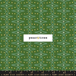 May include: A green fabric with a repeating pattern of white stars, yellow circles, and blue lines. The fabric has the text "pear tree" printed on it.