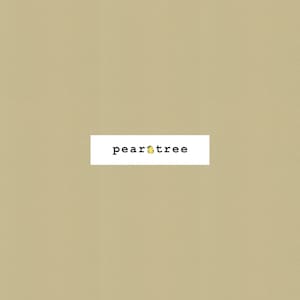 May include: The words "pear tree" are displayed in a black, sans-serif font on a white rectangular background. A yellow pear icon is between the words "pear" and "tree". The background is a solid, muted tan color.