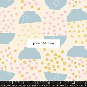 May include: A repeating pattern of light blue bowls, spoons, and various food shapes in yellow, pink, and orange on a cream background. The text "pear tree" is in a white rectangle. The bottom of the image has a ruler with the text "RUBY STAR SOCIETY".