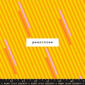 May include: A vibrant fabric design featuring a repeating pattern of yellow and orange diagonal stripes. Pink and peach-colored rectangular shapes are scattered across the background. The text "pear tree" is displayed in a white rectangle.