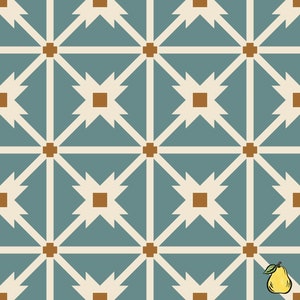 May include: A repeating geometric pattern featuring a teal background with off-white and brown accents. The design includes squares, lines, and arrow-like shapes, creating a symmetrical and visually appealing tile-like pattern.