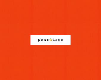 May include: A bright orange background with a white rectangle containing the words "pear tree" in a black font. The letter "a" in "pear" is replaced with a yellow pear icon.