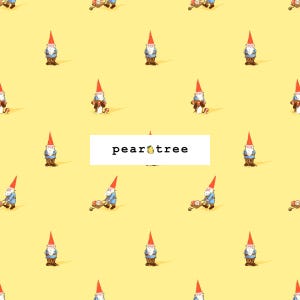 May include: A repeating pattern of garden gnomes on a yellow background. The gnomes wear red hats, blue jackets, and brown pants. Some gnomes are standing, while others are mowing the lawn. The text "pear tree" is in a white rectangle.