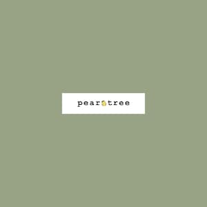 May include: A white rectangle with the text "peartree" in black font. A small yellow pear with a green leaf is centered in the text.