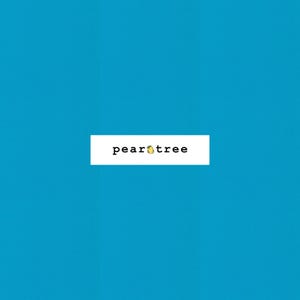 May include: A white rectangle with the text "peartree" in black font. A small yellow pear with a green leaf is in the middle of the word "pear". The background is a solid blue.