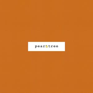May include: An orange background with a white rectangle containing the text "pear tree". The word "pear" is in black, and the word "tree" is in black. A yellow pear icon is between the two words.