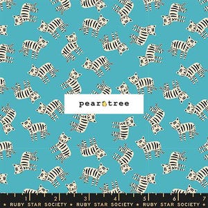 May include: A teal fabric featuring a repeating pattern of cream-colored tigers with black stripes. A white rectangular label in the center displays the text pear tree with a small pear icon. A black ruler border shows inches.