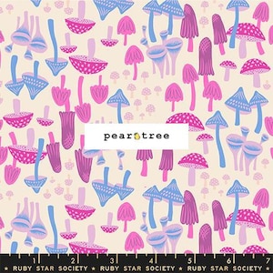 May include: Fabric with a repeating pattern of stylized mushrooms in pink, purple, and blue on a cream background. The text "pear tree" is in a white rectangle. The bottom of the fabric has a ruler and the text "RUBY STAR SOCIETY".